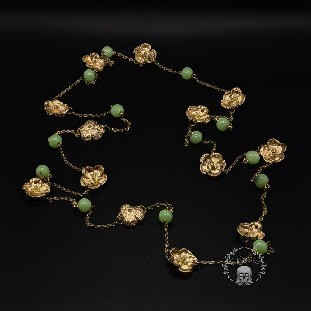 Stunning Vintage Gold Flower and Green Glass Longline Opera Necklace - Picture 3 of 5